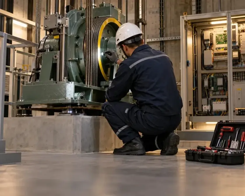 Técnico de capacete branco agachado na casa de máquinas, inspecionando o motor e a polia do elevador