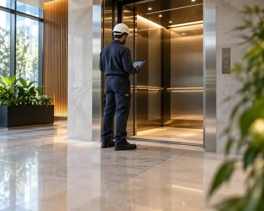 Técnico de capacete branco com tablet, em pé na porta aberta de um elevador de passageiros no hall
