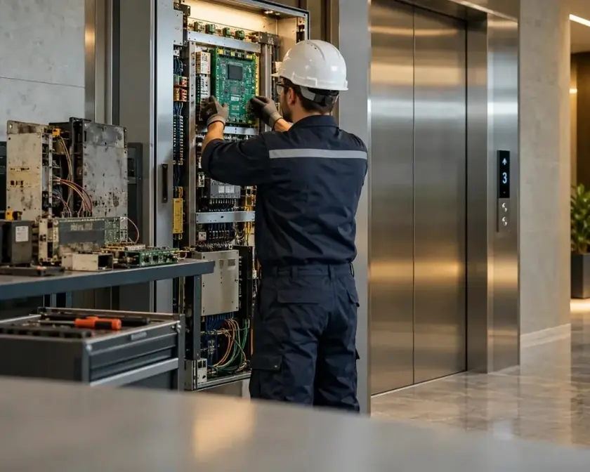 Técnico de costas, com capacete branco, trabalhando no quadro de comando aberto ao lado das portas do elevador