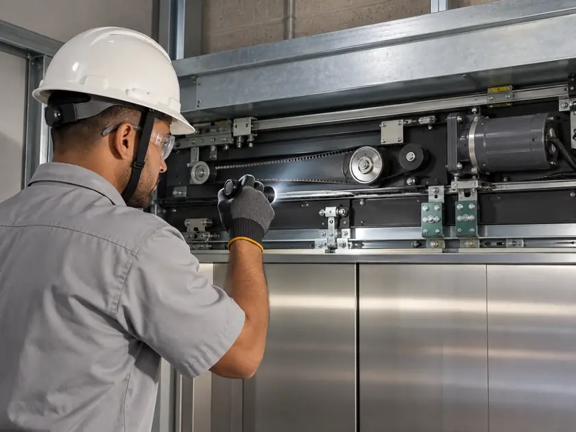 Técnico da Meco realizando manutenção em elevador